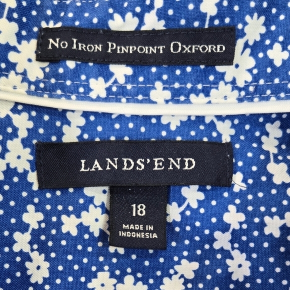 Land's End 100% Cotton No Iron Pinpoint Oxford Blue Floral Button-Up Shirt Ditsy - Picture 7 of 9